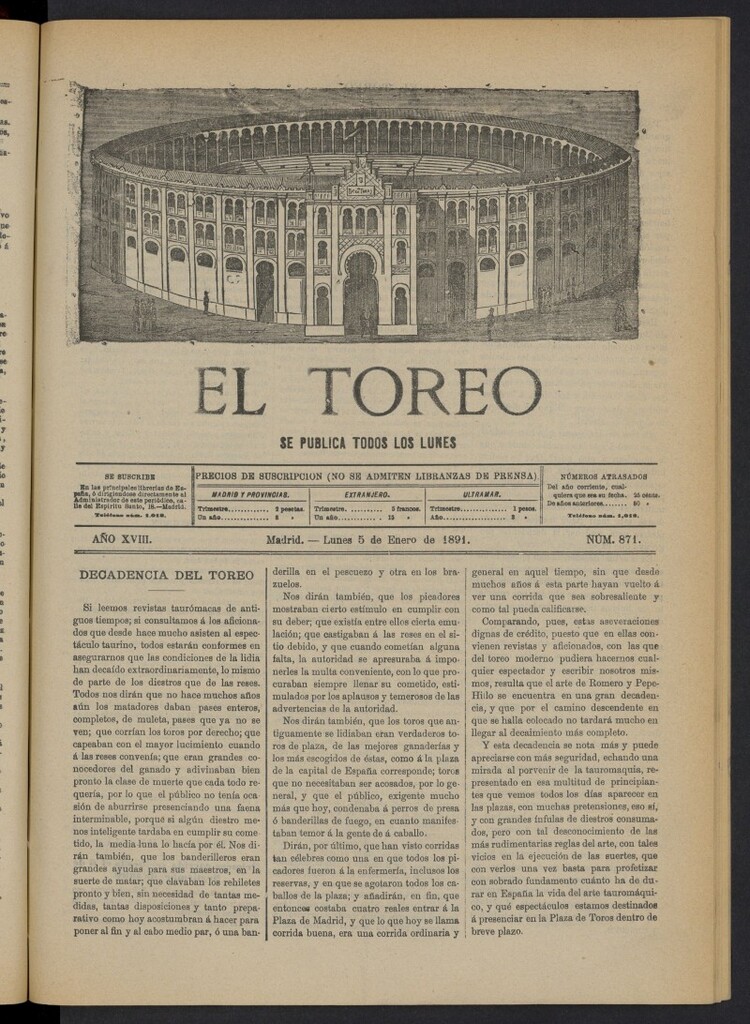 Miniatura de El Toreo: suplemento a "La Correspondencia Teatral" del 5 de enero de 1891, nº 871