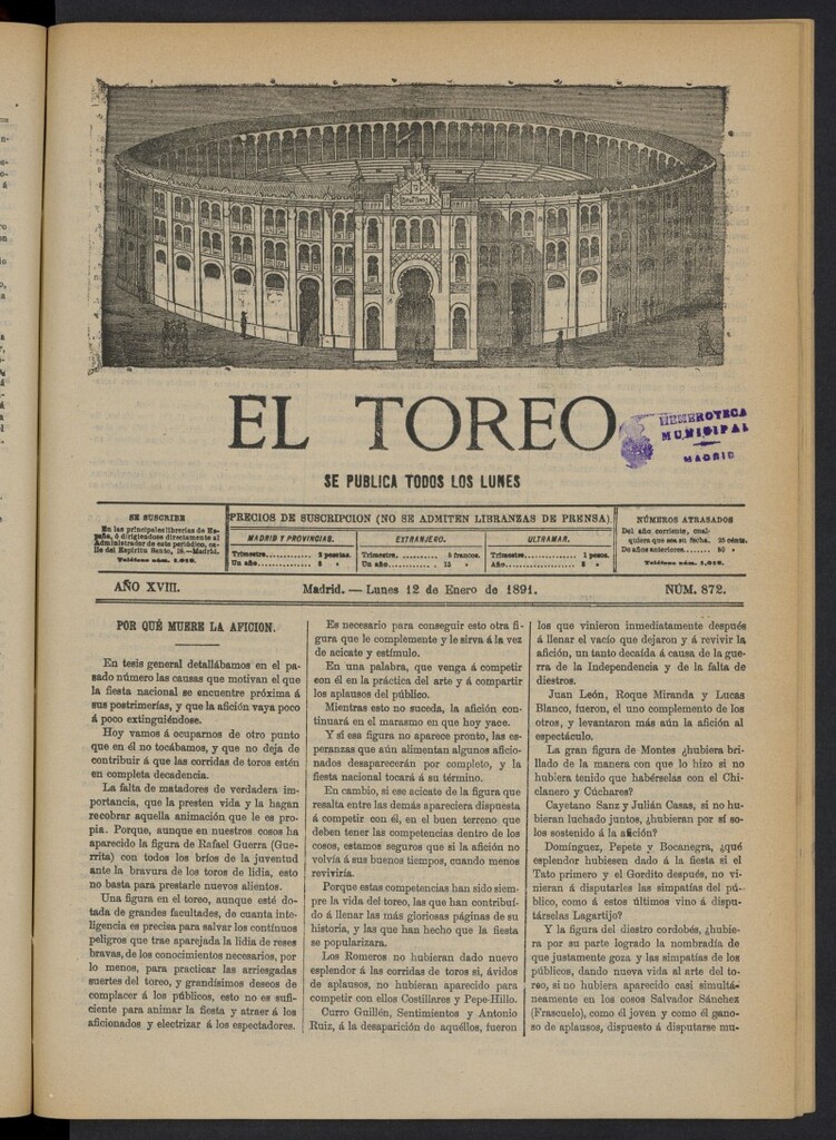 Miniatura de El Toreo: suplemento a "La Correspondencia Teatral" del 12 de enero de 1891, nº 872