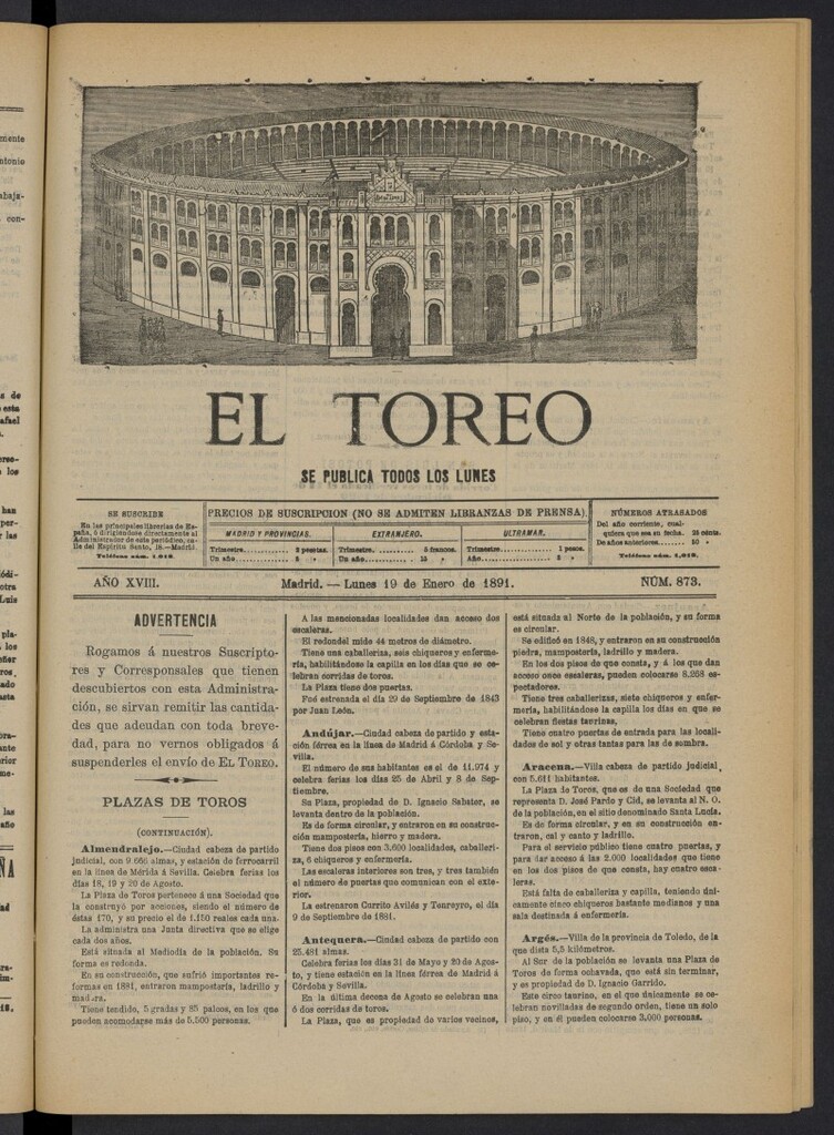Miniatura de El Toreo: suplemento a "La Correspondencia Teatral" del 19 de enero de 1891, nº 873