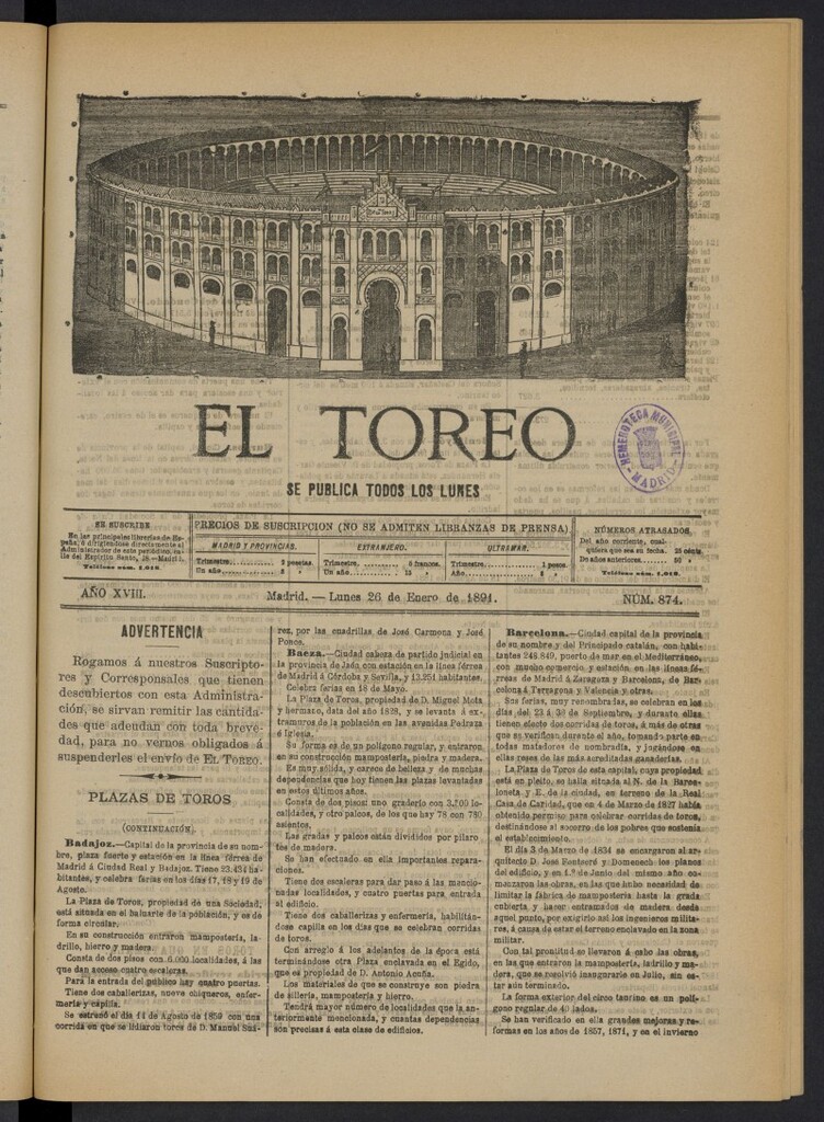 Miniatura de El Toreo: suplemento a "La Correspondencia Teatral" del 26 de enero de 1891, nº 874