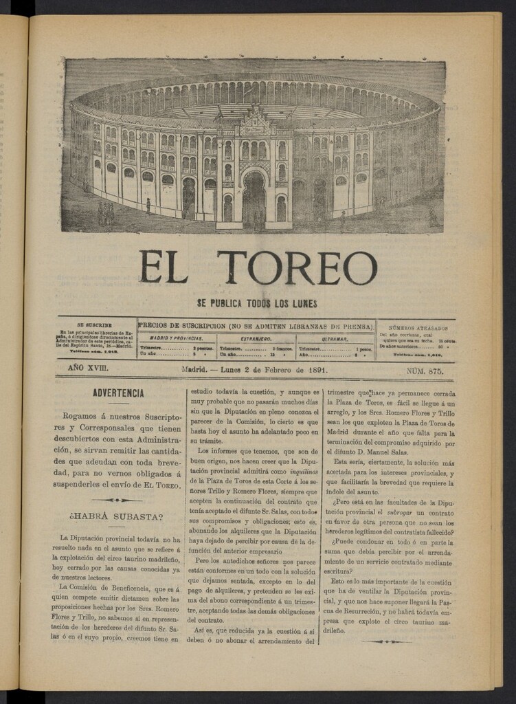 Miniatura de El Toreo: suplemento a "La Correspondencia Teatral" del 2 de febrero de 1891, nº 875