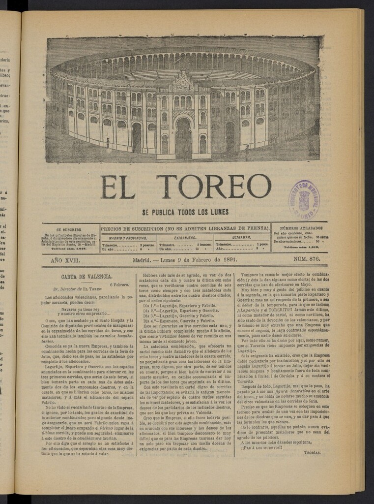 Miniatura de El Toreo: suplemento a "La Correspondencia Teatral" del 9 de febrero de 1891, nº 876