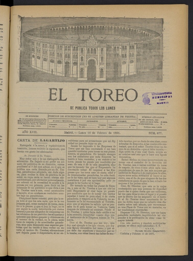 Miniatura de El Toreo: suplemento a "La Correspondencia Teatral" del 16 de febrero de 1891, nº 877