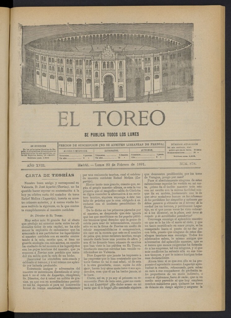 Miniatura de El Toreo: suplemento a "La Correspondencia Teatral" del 23 de febrero de 1891, nº 878