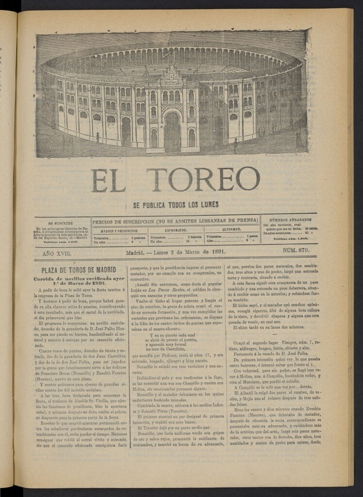 Miniatura de El Toreo: suplemento a "La Correspondencia Teatral" del 2 de marzo de 1891, nº 879