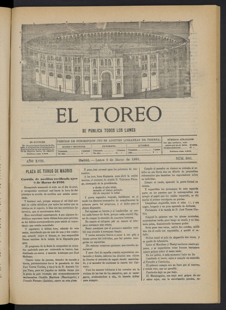 Miniatura de El Toreo: suplemento a "La Correspondencia Teatral" del 9 de marzo de 1891, nº 880