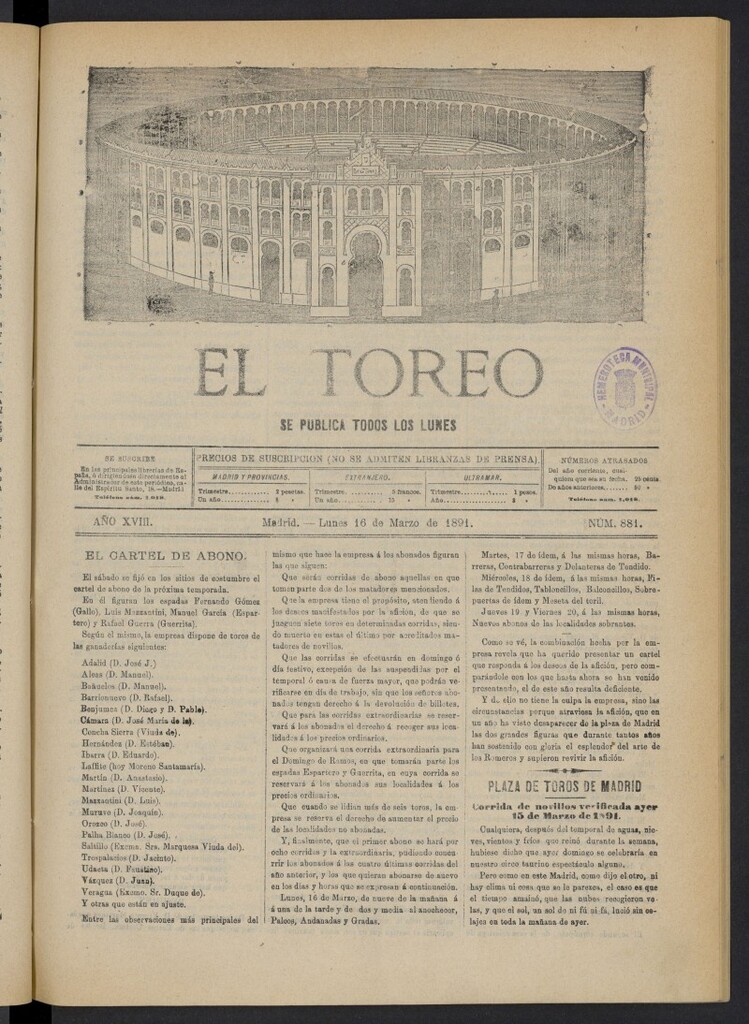 Miniatura de El Toreo: suplemento a "La Correspondencia Teatral" del 16 de marzo de 1891, nº 881