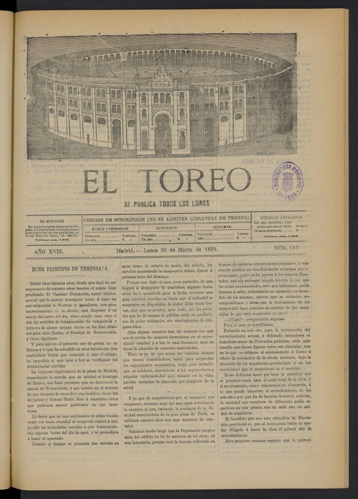 Miniatura de El Toreo: suplemento a "La Correspondencia Teatral" del 30 de marzo de 1891, nº 883