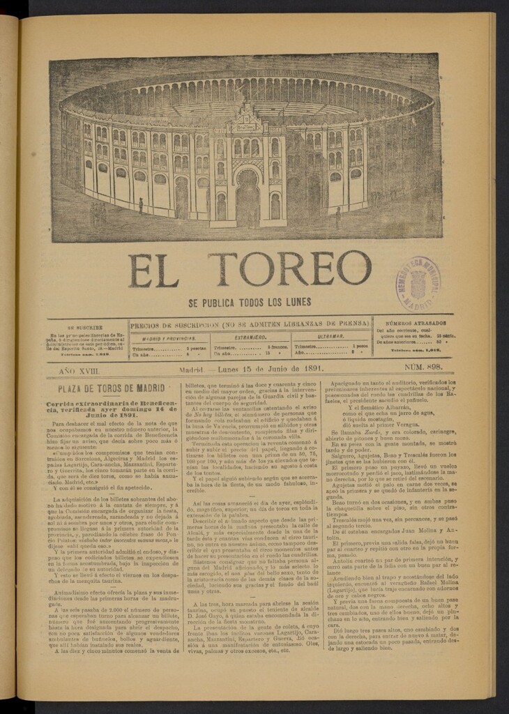 Miniatura de El Toreo: suplemento a "La Correspondencia Teatral" del 15 de junio de 1891, nº 898