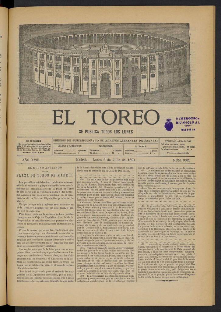 Miniatura de El Toreo: suplemento a "La Correspondencia Teatral" del 6 de julio de 1891, nº 902