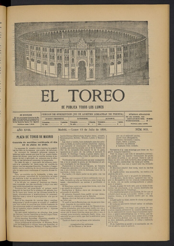 Miniatura de El Toreo: suplemento a "La Correspondencia Teatral" del 13 de julio de 1891, nº 903