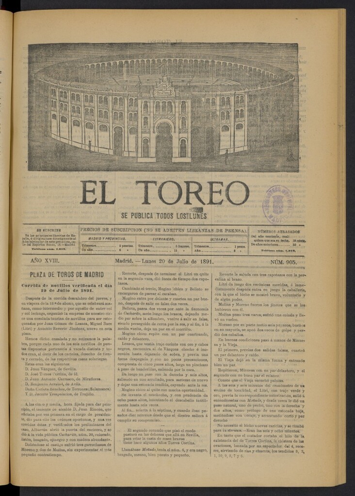 Miniatura de El Toreo: suplemento a "La Correspondencia Teatral" del 20 de julio de 1891, nº 905