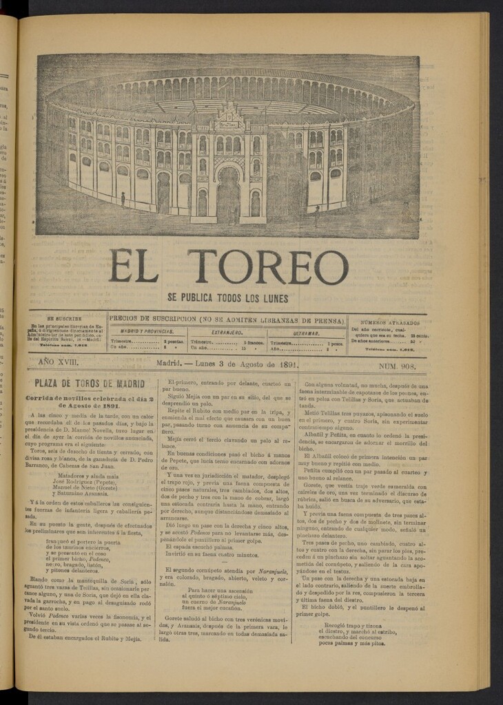 Miniatura de El Toreo: suplemento a "La Correspondencia Teatral" del 3 de agosto de 1891, nº 908