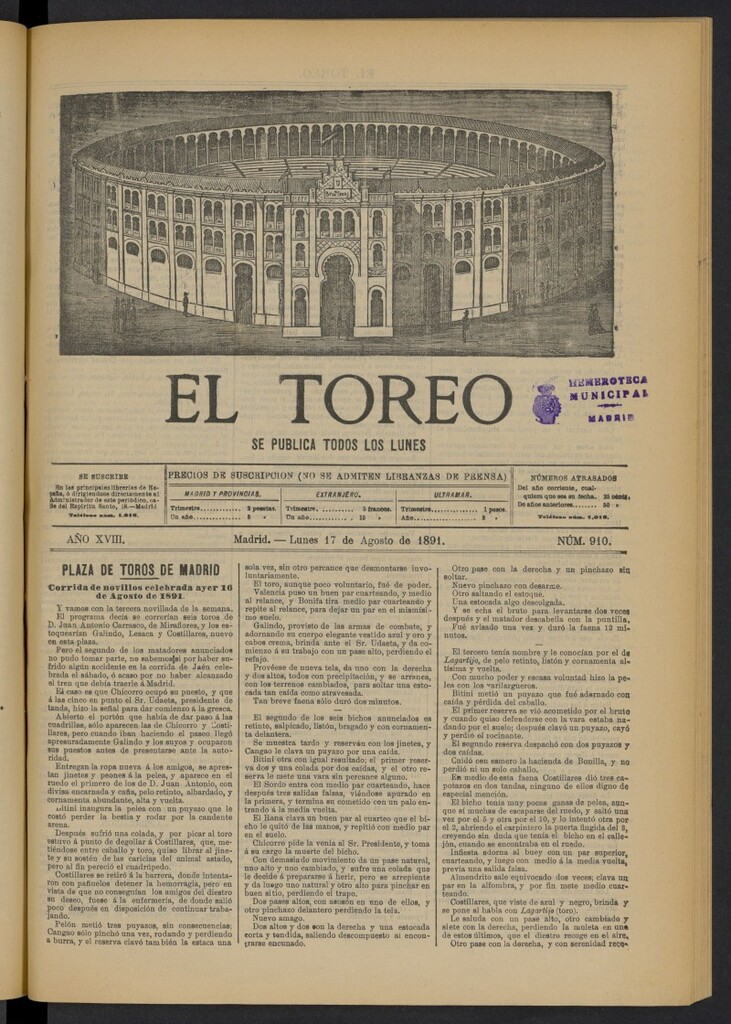 Miniatura de El Toreo: suplemento a "La Correspondencia Teatral" del 17 de agosto de 1891, nº 910