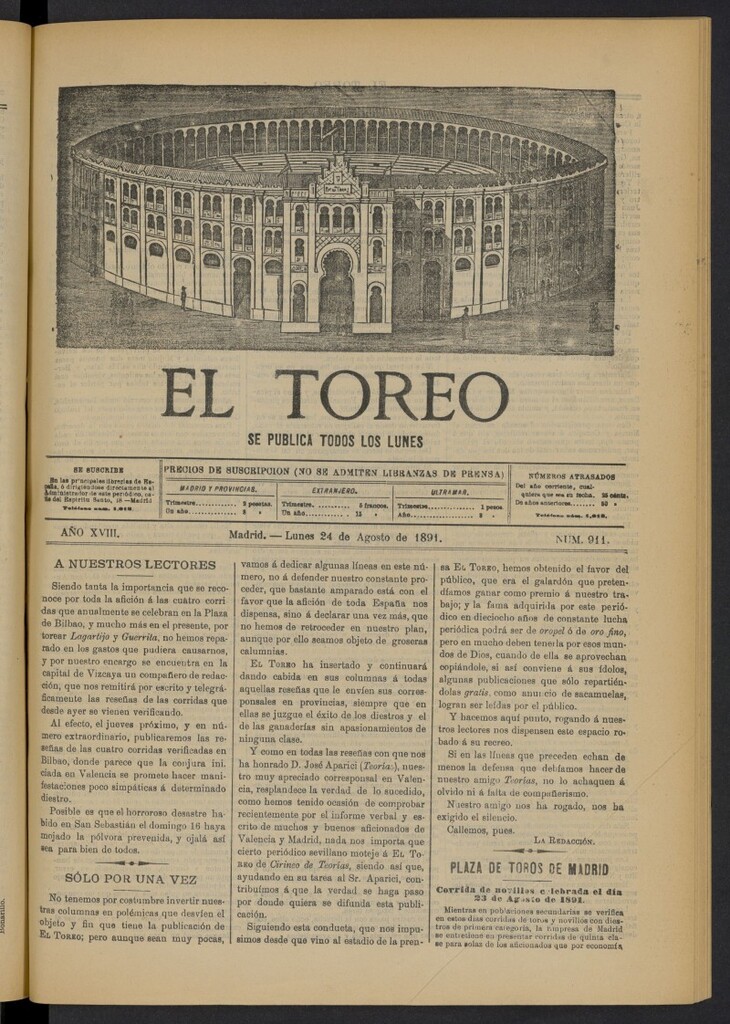 Miniatura de El Toreo: suplemento a "La Correspondencia Teatral" del 24 de agosto de 1891, nº 911
