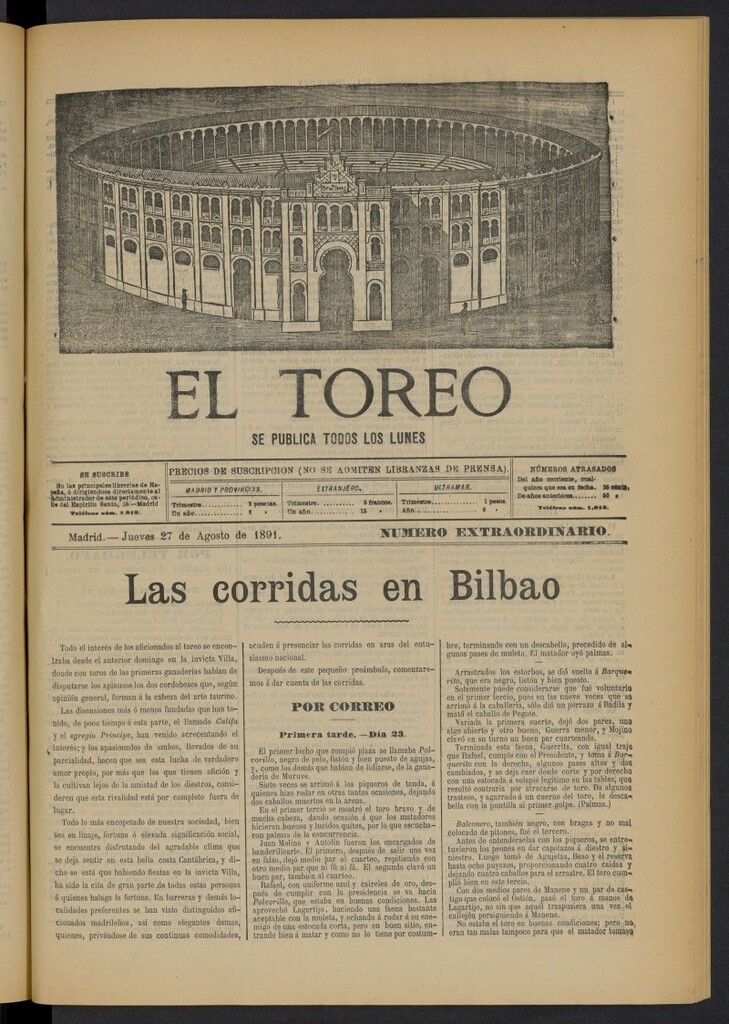 Miniatura de El Toreo: suplemento a "La Correspondencia Teatral" del 27 de agosto de 1891, nº extraordinario