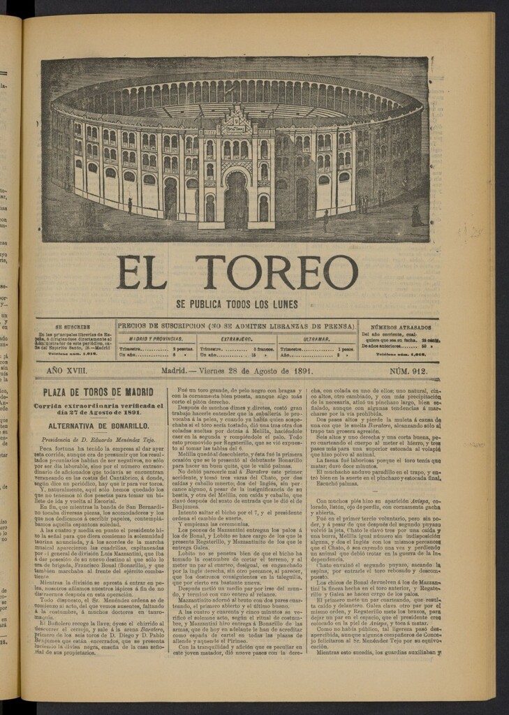 Miniatura de El Toreo: suplemento a "La Correspondencia Teatral" del 28 de agosto de 1891, nº 912