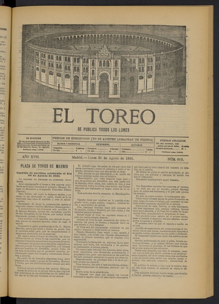 Miniatura de El Toreo: suplemento a "La Correspondencia Teatral" del 31 de agosto de 1891, nº 913