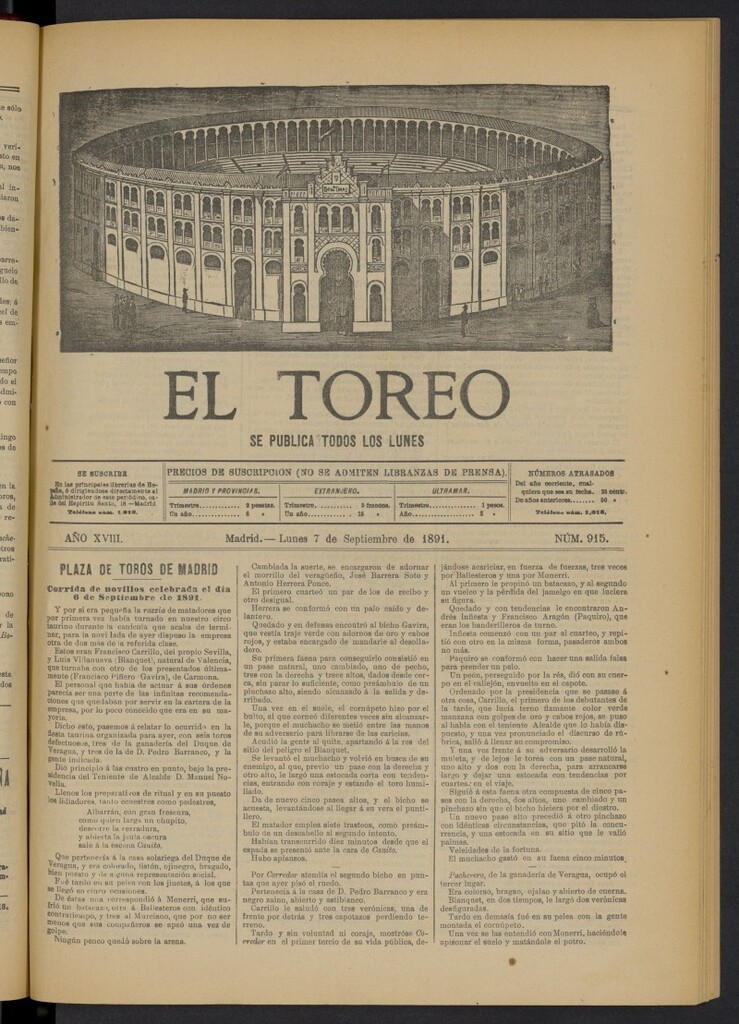 Miniatura de El Toreo: suplemento a "La Correspondencia Teatral" del 7 de septiembre de 1891, nº 915