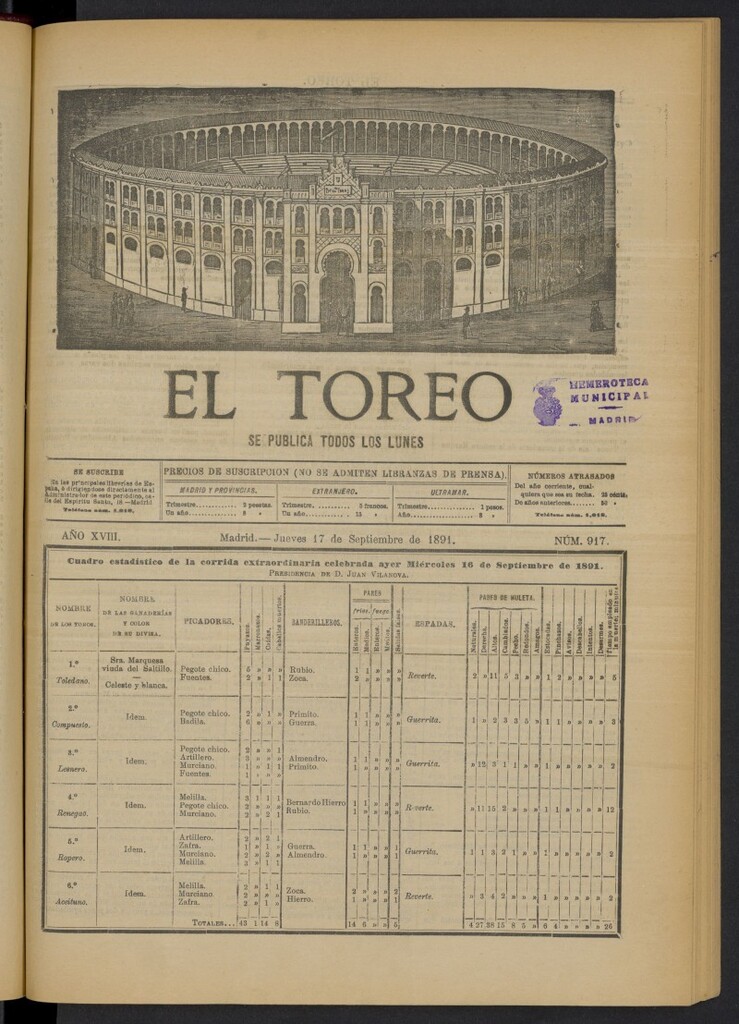 Miniatura de El Toreo: suplemento a "La Correspondencia Teatral" del 17 de septiembre de 1891, nº 917