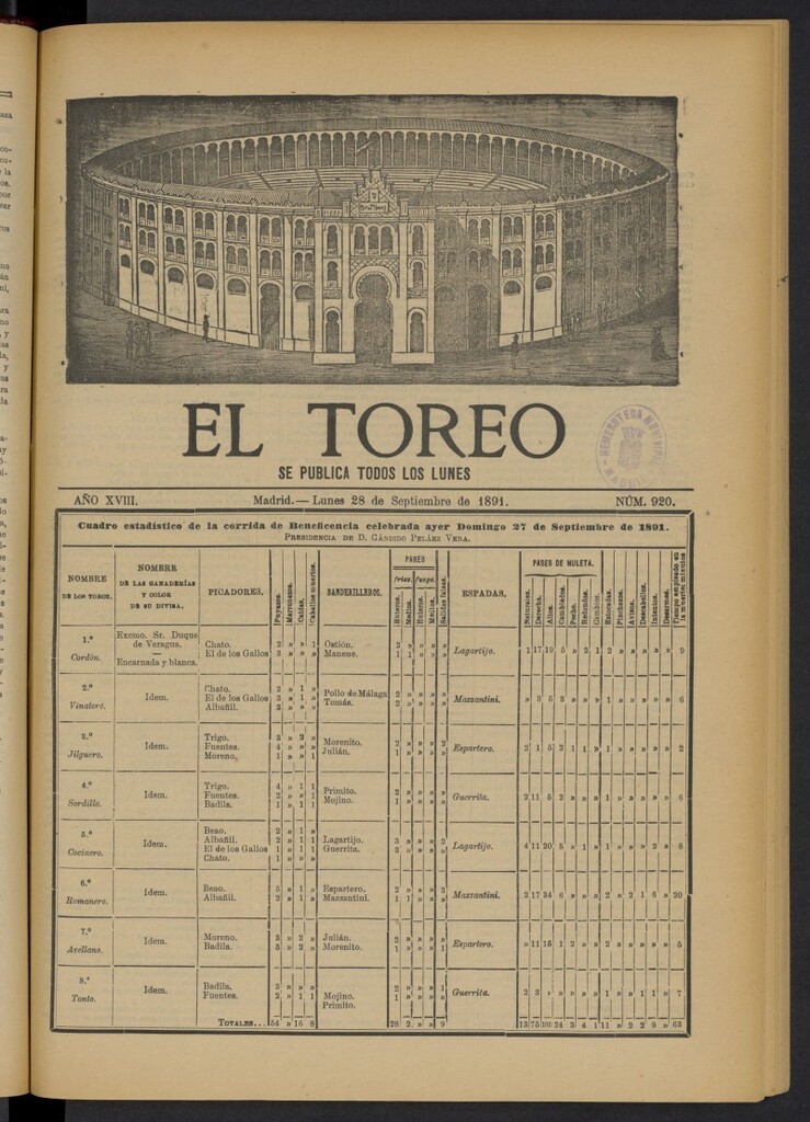 Miniatura de El Toreo: suplemento a "La Correspondencia Teatral" del 28 de septiembre de 1891, nº 920