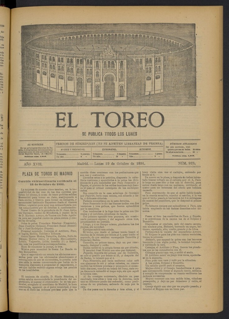 Miniatura de El Toreo: suplemento a "La Correspondencia Teatral" del 19 de octubre de 1891, nº 923