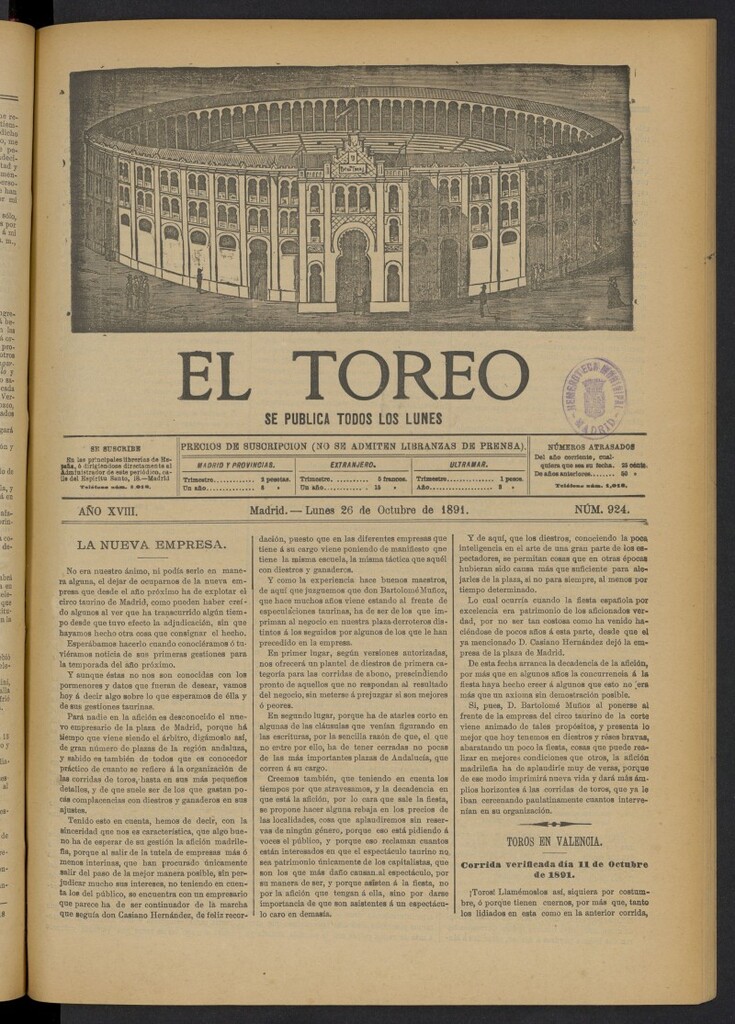 Miniatura de El Toreo: suplemento a "La Correspondencia Teatral" del 26 de octubre de 1891, nº 924
