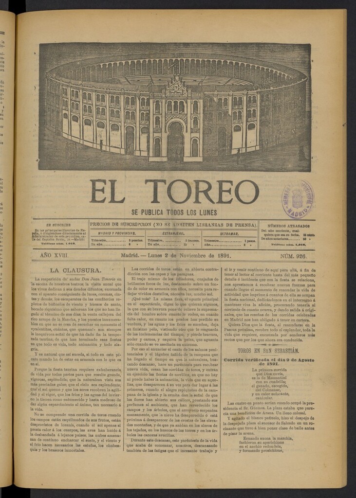 Miniatura de El Toreo: suplemento a "La Correspondencia Teatral" del 2 de noviembre de 1891, nº 926