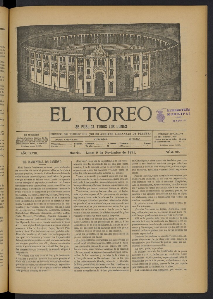 Miniatura de El Toreo: suplemento a "La Correspondencia Teatral" del 9 de noviembre de 1891, nº 927