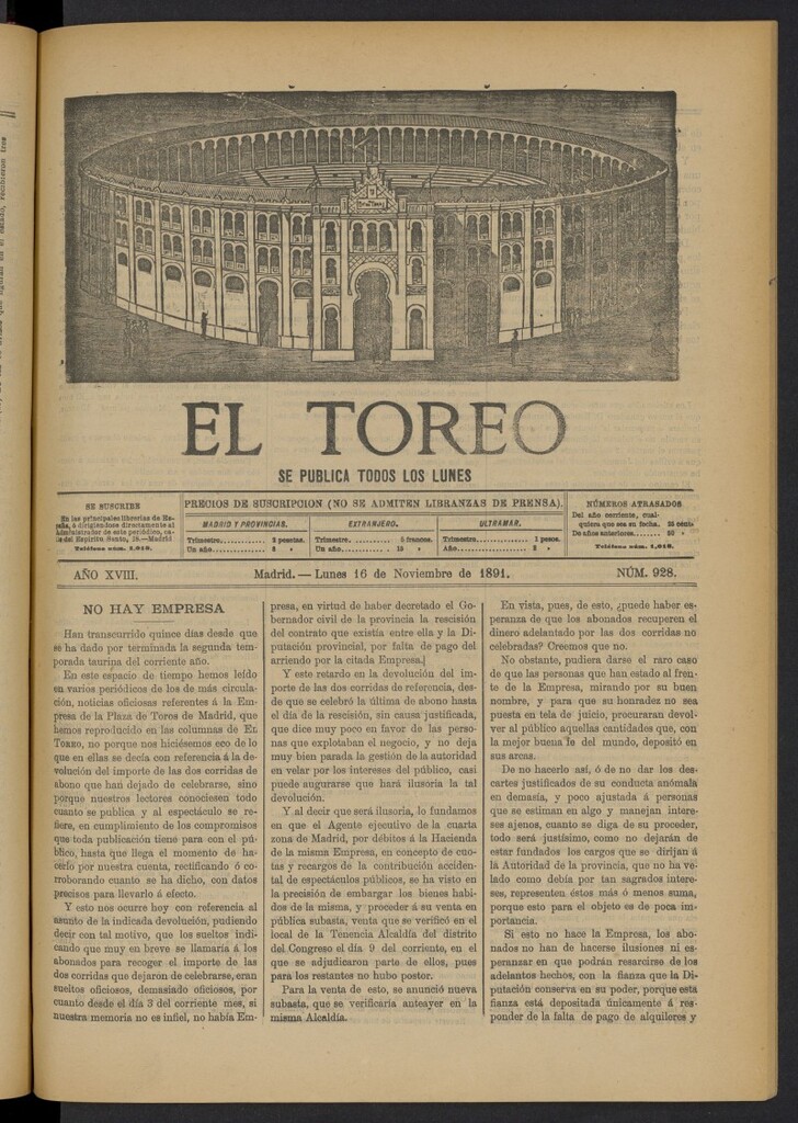 Miniatura de El Toreo: suplemento a "La Correspondencia Teatral" del 16 de noviembre de 1891, nº 928