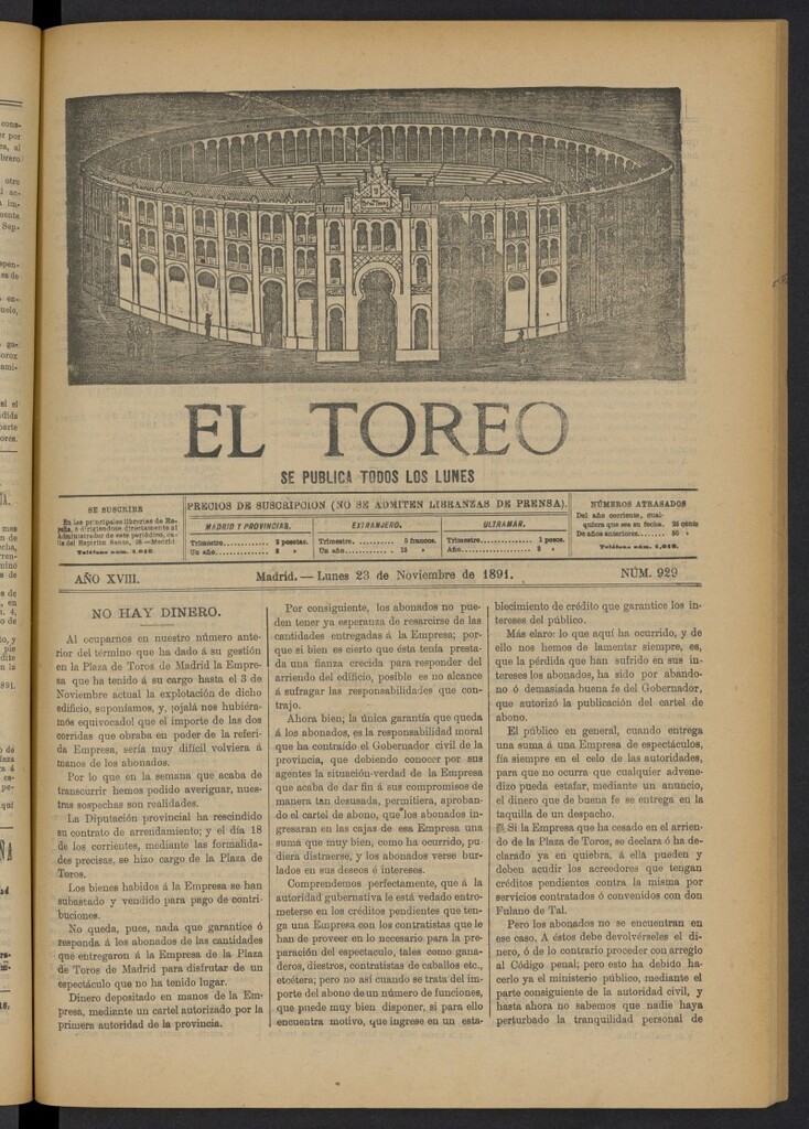 Miniatura de El Toreo: suplemento a "La Correspondencia Teatral" del 23 de noviembre de 1891, nº 929