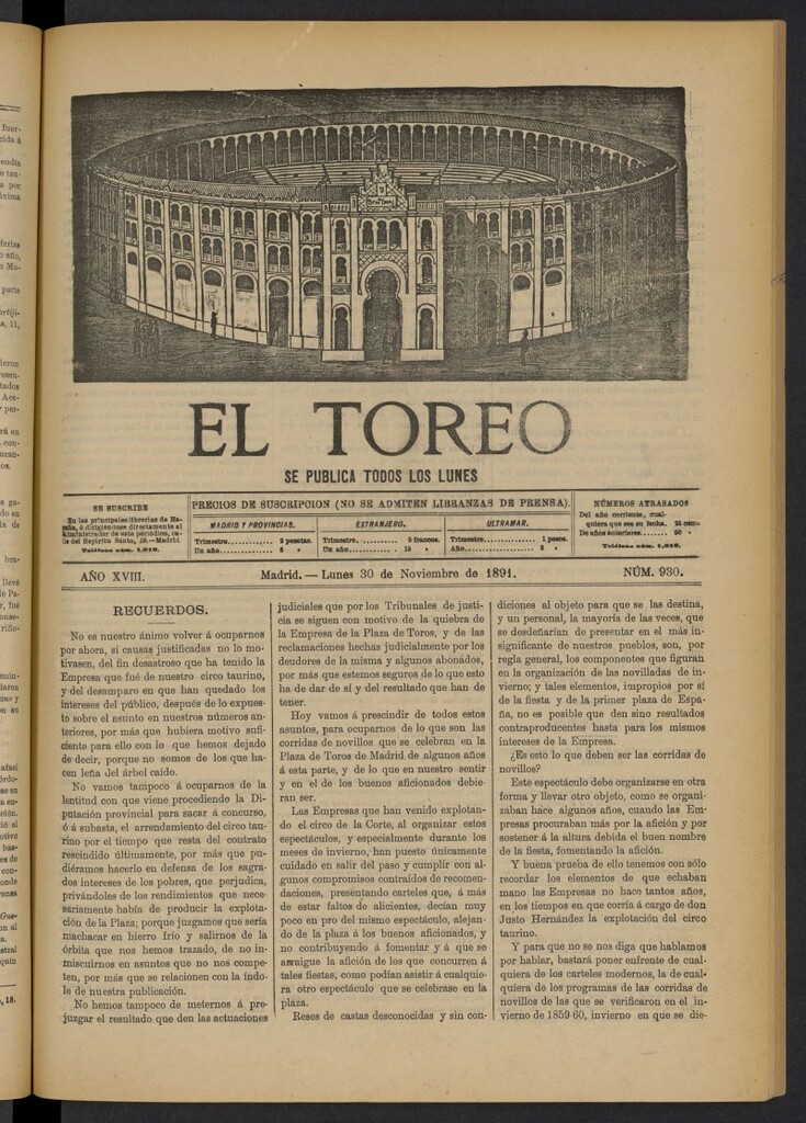 Miniatura de El Toreo: suplemento a "La Correspondencia Teatral" del 30 de noviembre de 1891, nº 930