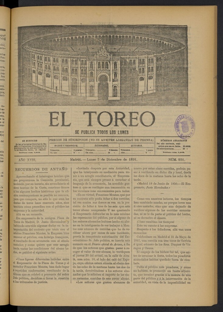 Miniatura de El Toreo: suplemento a "La Correspondencia Teatral" del 7 de diciembre de 1891, nº 931