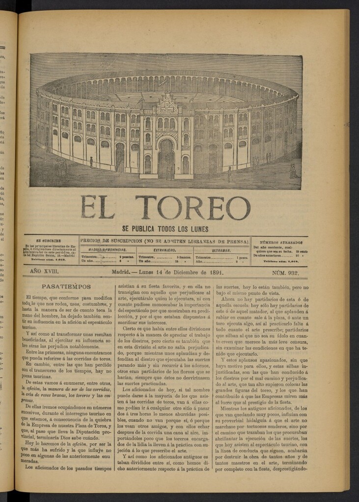 Miniatura de El Toreo: suplemento a "La Correspondencia Teatral" del 14 de diciembre de 1891, nº 932