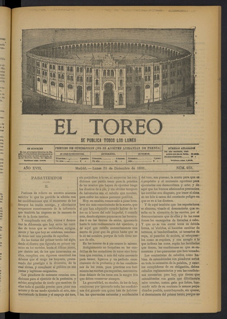 Miniatura de El Toreo: suplemento a "La Correspondencia Teatral" del 21 de diciembre de 1891, nº 933