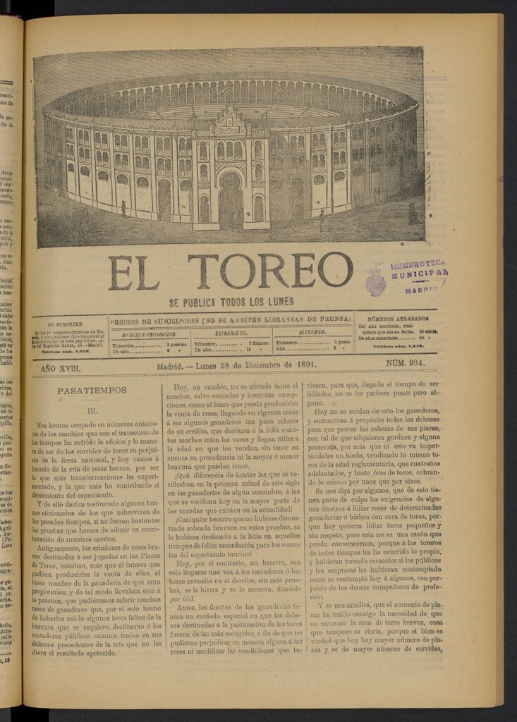 Miniatura de El Toreo: suplemento a "La Correspondencia Teatral" del 28 de diciembre de 1891, nº 934