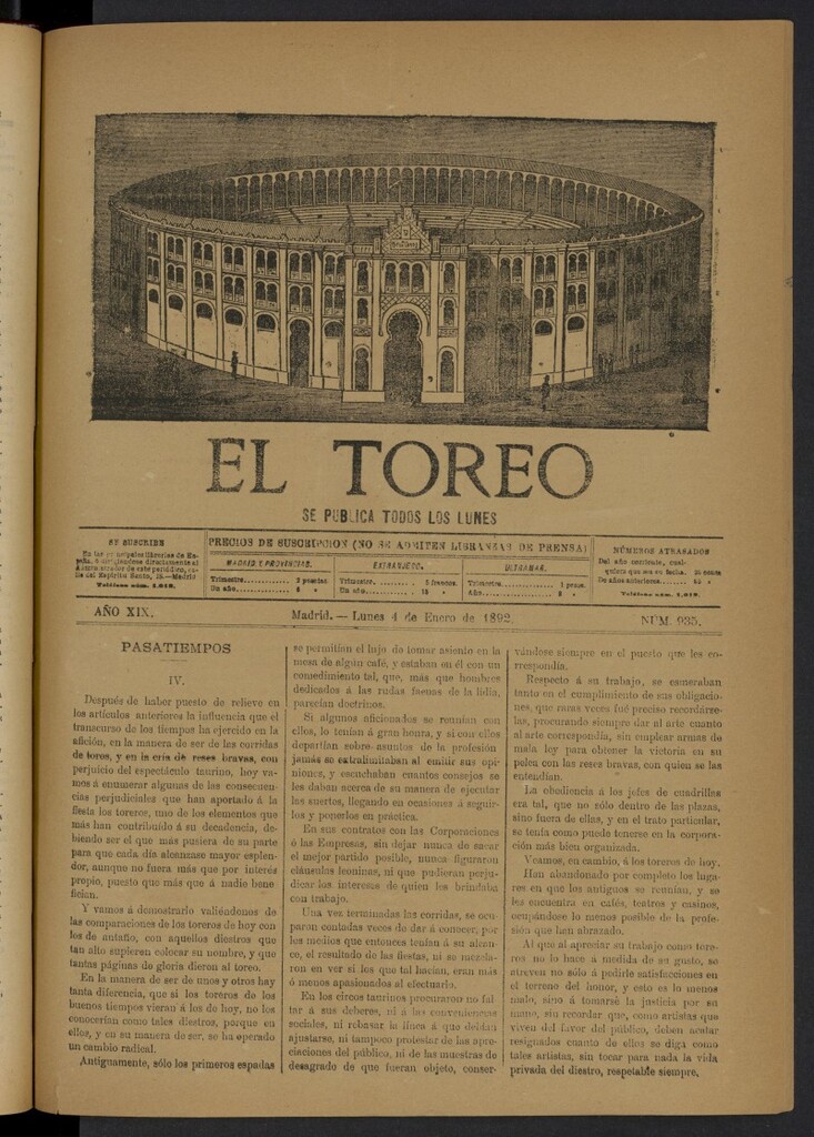 Miniatura de El Toreo: suplemento a "La Correspondencia Teatral" del 4 de enero de 1892, nº 935