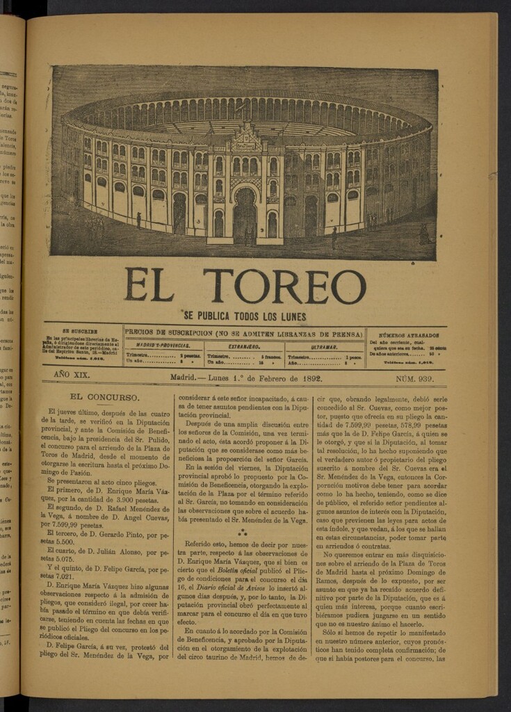 Miniatura de El Toreo: suplemento a "La Correspondencia Teatral" del 1 de febrero de 1892, nº 939