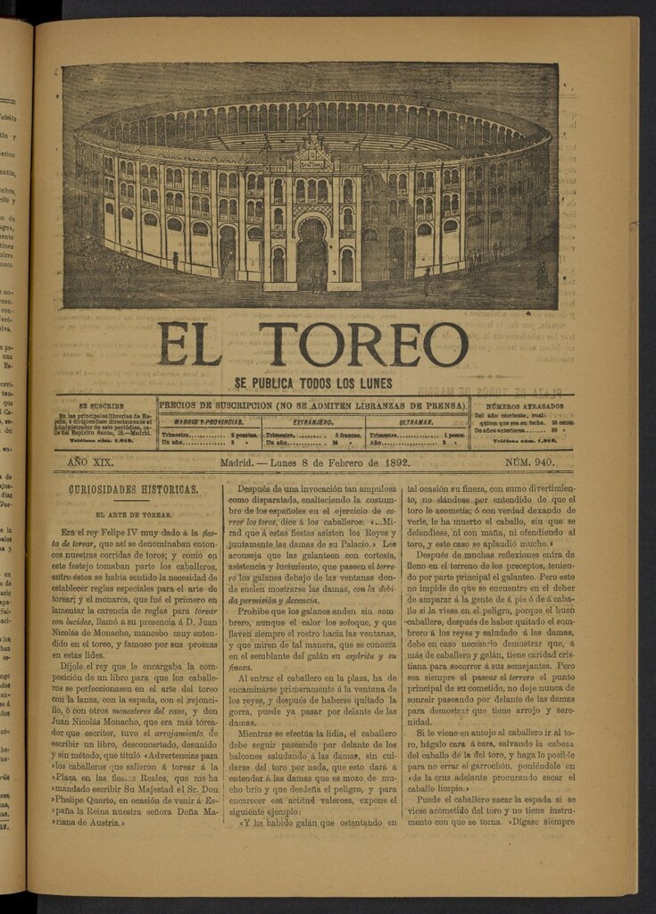Miniatura de El Toreo: suplemento a "La Correspondencia Teatral" del 8 de febrero de 1892, nº 940
