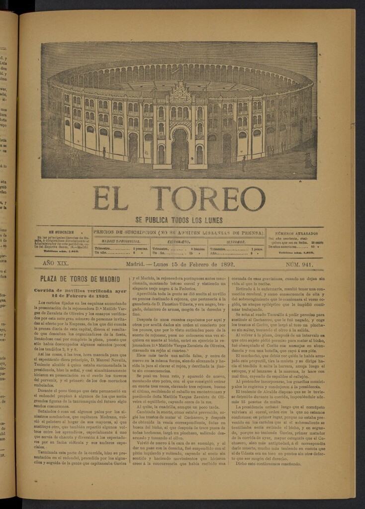 Miniatura de El Toreo: suplemento a "La Correspondencia Teatral" del 15 de febrero de 1892, nº 941