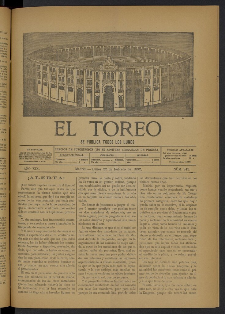 Miniatura de El Toreo: suplemento a "La Correspondencia Teatral" del 22 de febrero de 1892, nº 942