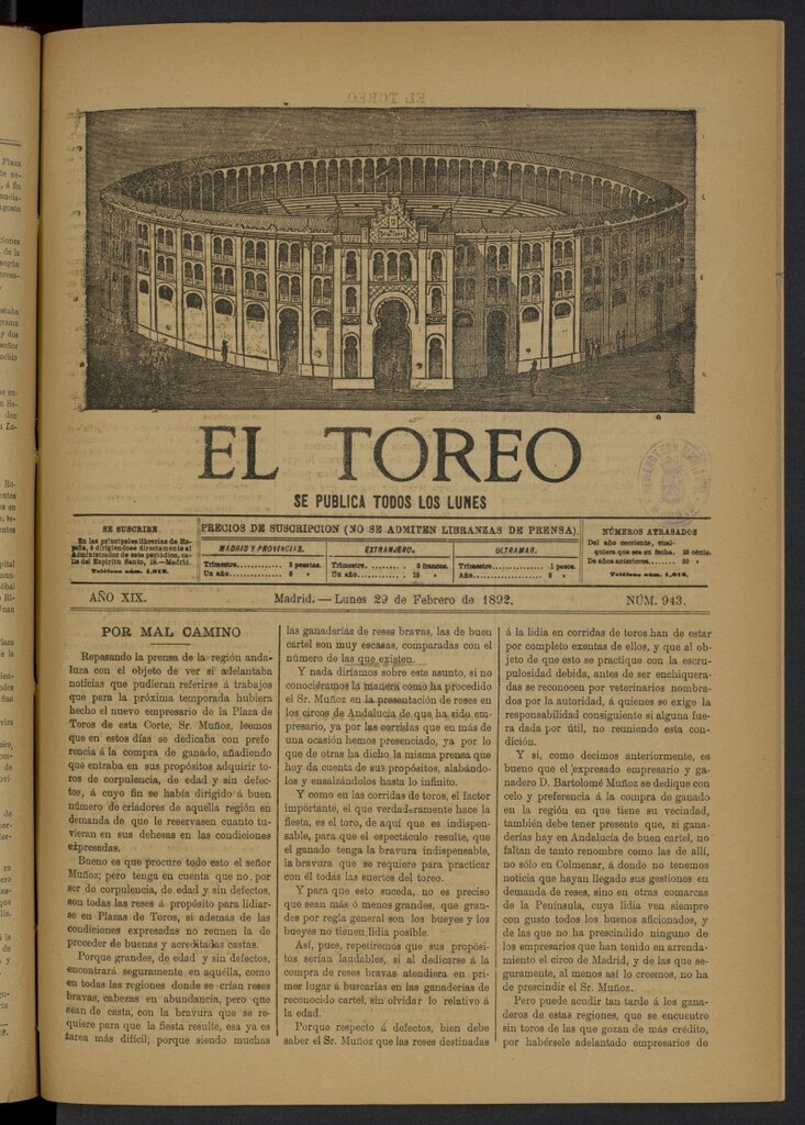 Miniatura de El Toreo: suplemento a "La Correspondencia Teatral" del 29 de febrero de 1892, nº 943