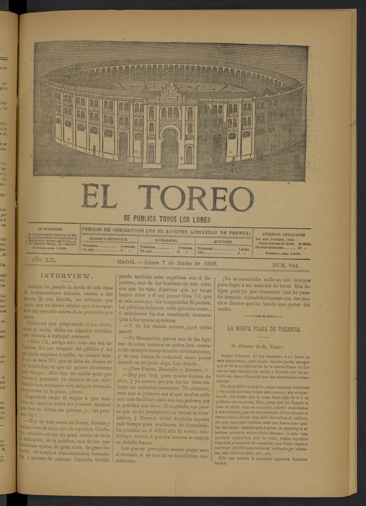Miniatura de El Toreo: suplemento a "La Correspondencia Teatral" del 7 de marzo de 1892, nº 944
