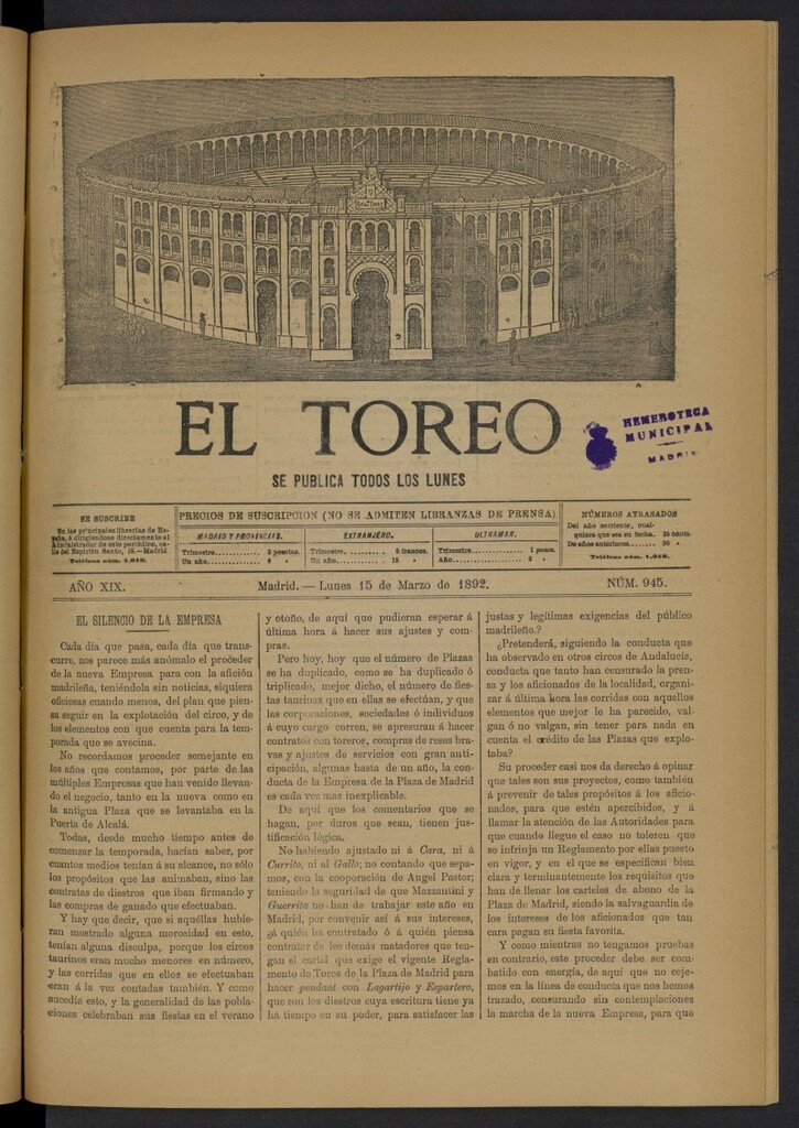 Miniatura de El Toreo: suplemento a "La Correspondencia Teatral" del 15 de marzo de 1892, nº 945