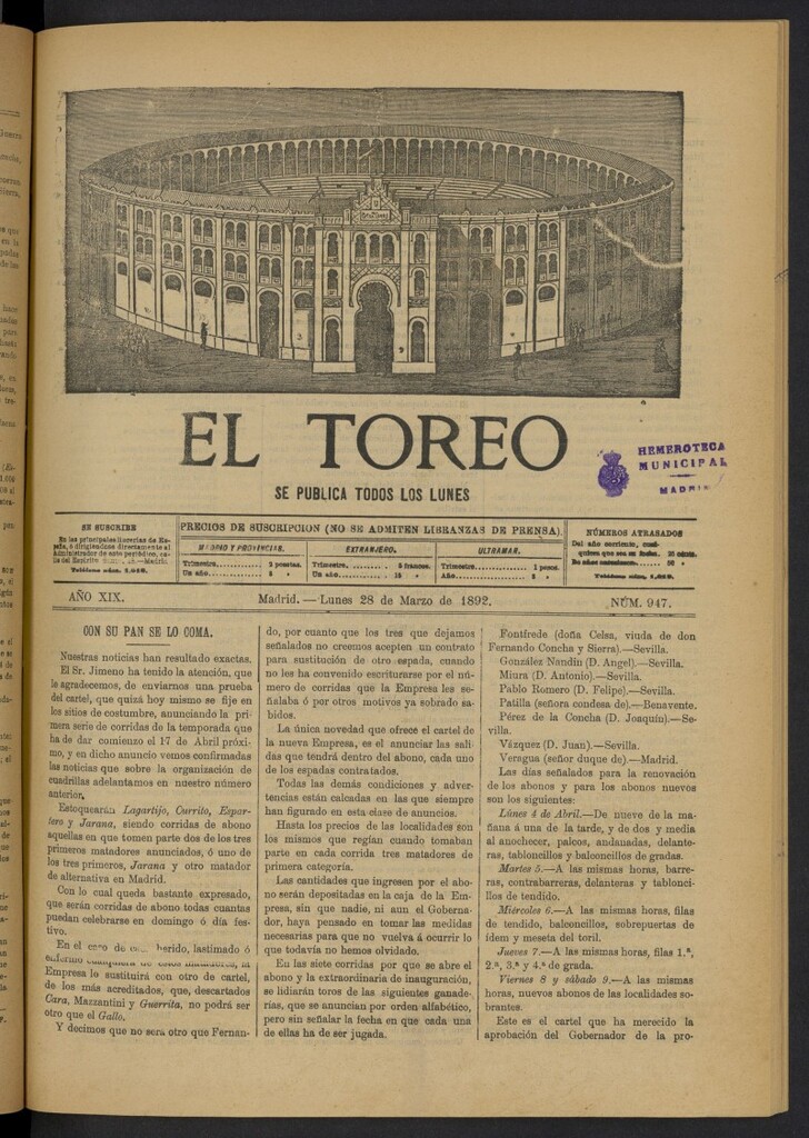 Miniatura de El Toreo: suplemento a "La Correspondencia Teatral" del 28 de marzo de 1892, nº 947