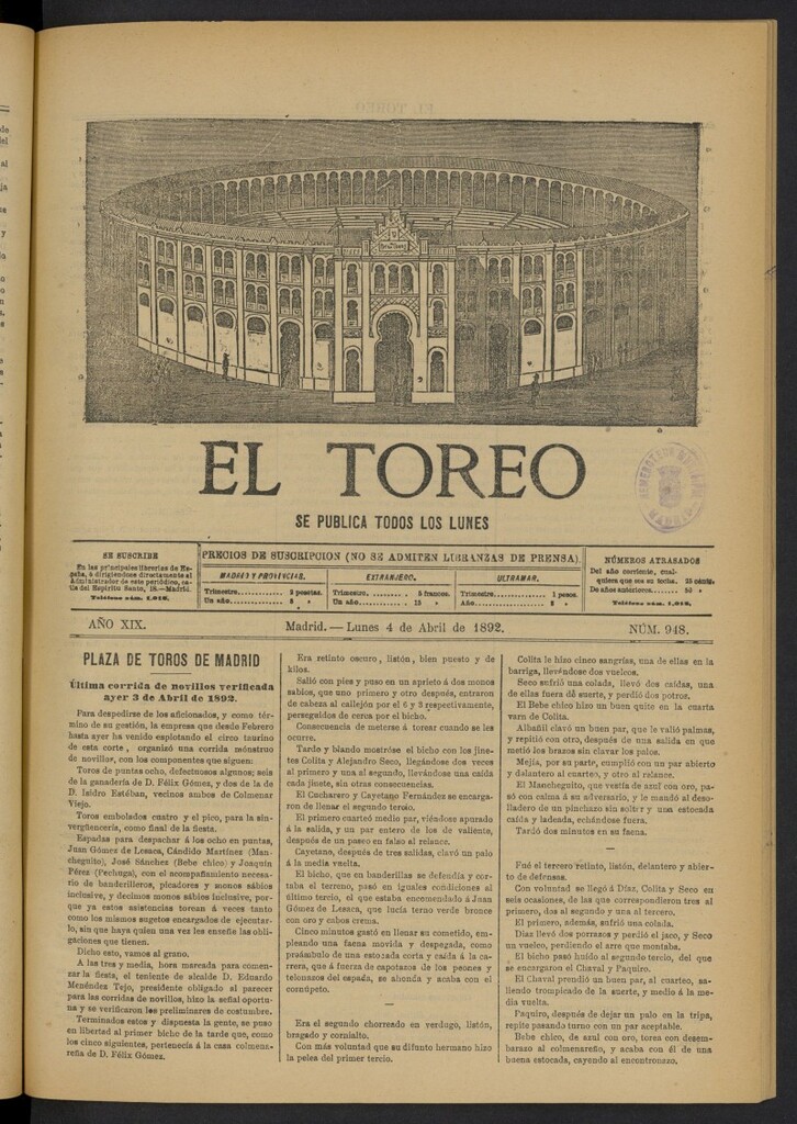 Miniatura de El Toreo: suplemento a "La Correspondencia Teatral" del 4 de abril de 1892, nº 948