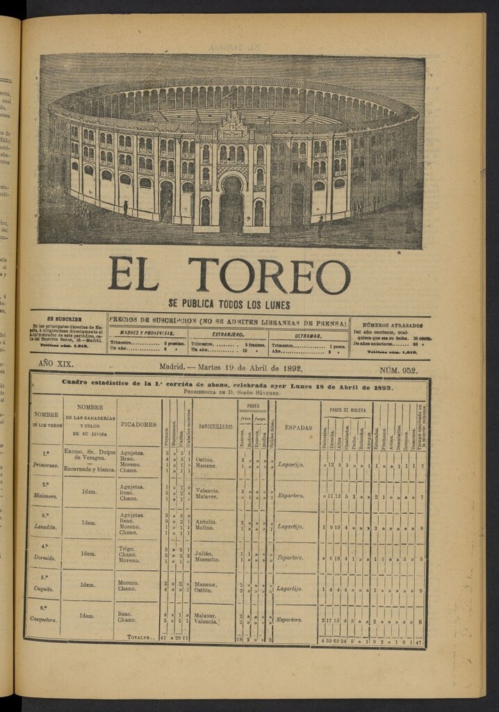 Miniatura de El Toreo: suplemento a "La Correspondencia Teatral" del 19 de abril de 1892, nº 952