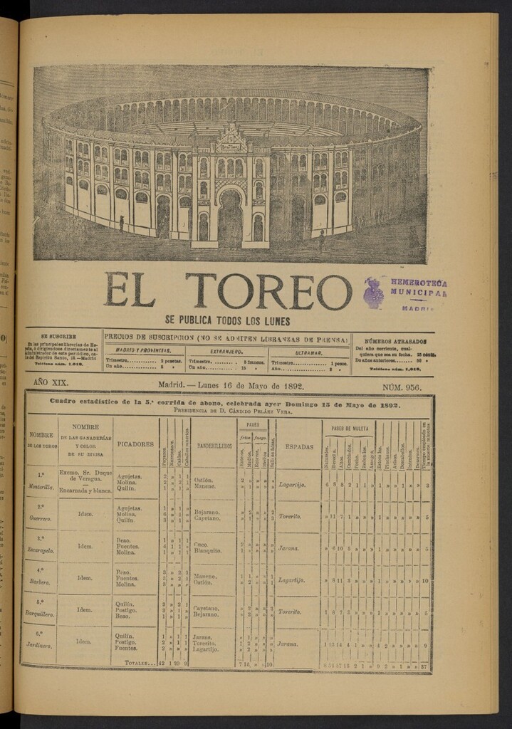 Miniatura de El Toreo: suplemento a "La Correspondencia Teatral" del 16 de mayo de 1892, nº 956