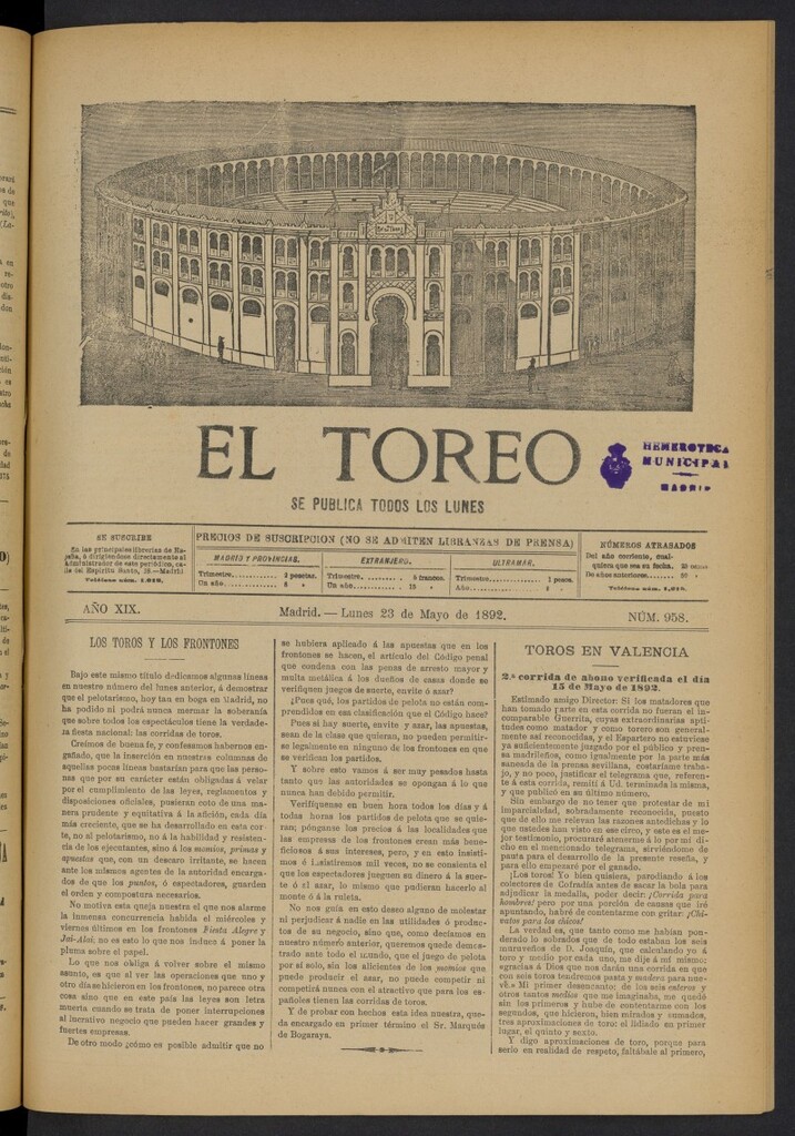 Miniatura de El Toreo: suplemento a "La Correspondencia Teatral" del 23 de mayo de 1892, nº 958