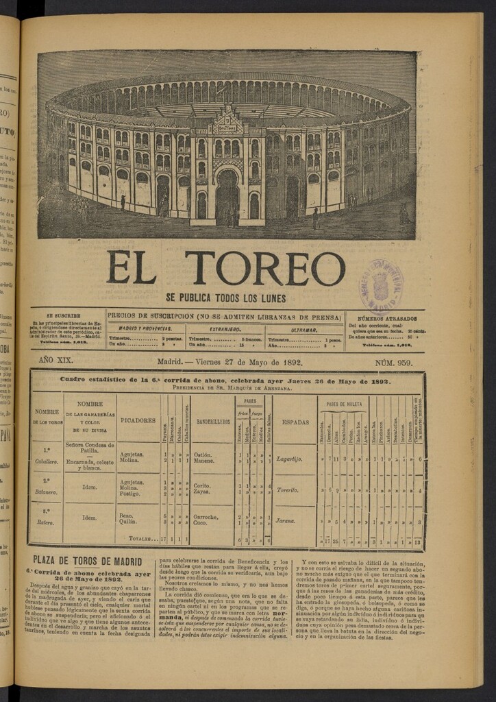 Miniatura de El Toreo: suplemento a "La Correspondencia Teatral" del 27 de mayo de 1892, nº 959